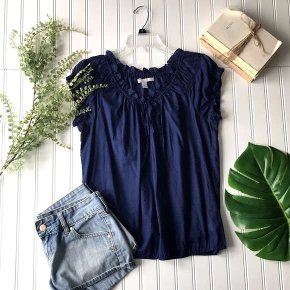 Old Navy Tops - Old navy navy blue ruffle keyhole bow tie Blouse